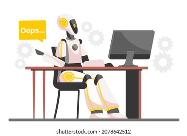 Concept of ai. Robot sitting at work, future, new technologies. Office employee, task automation, artificial intelligence. Business, machine learning, coding. Cartoon flat vector illustration