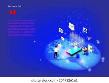 El concepto de la tecnología de la IA trabaja junto con la tecnología humana para ayudar a la información analizada a través de la eficacia máxima, estilo fantástico de la Ilustración vectorial, concepto de la tecnología de la IA
