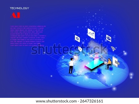 The concept of AI technology work together with human technology to help analized information through maximum efficiency,Vector illustration fantastic style,AI technology concept