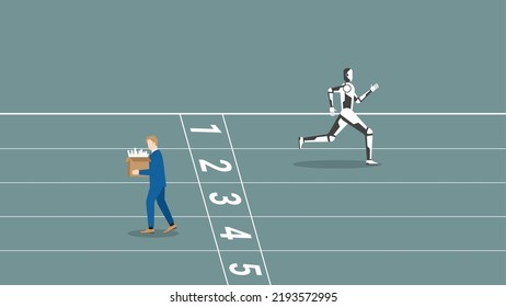 Concept of AI vs human battle, cyborg replace and turnover human career. A robot start runs on race track, fired businessman. Business competition, contest, career position in digital age technology.