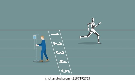 Concepto de IA frente a batalla humana, reemplazo de ciborg y rotación de carrera humana. Un robot empieza por carreras, despide a un hombre de negocios enfermo. Competencia, concurso, posición profesional en tecnología de la era digital.