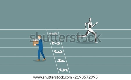 Concept of AI vs human battle, cyborg replace and turnover human career. A robot start runs on race track, fired businessman. Business competition, contest, career position in digital age technology.