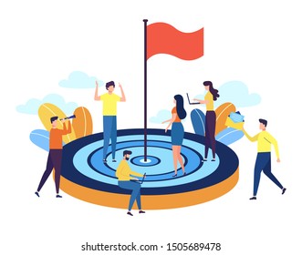 Concept of aimed at a goal, increase motivation, a way to achieve a goal, a businessman in the center with a flag. Flat vector illustration in a cartoon style