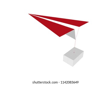 Concept of air mail transportation represent of Freight transport which is the physical process of transporting commodities and merchandise goods and cargo by red and white paper plane hook with box.