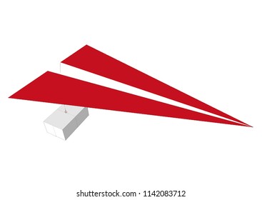 Concept of air mail transportation represent of Freight transport which is the physical process of transporting commodities and merchandise goods and cargo by red and white paper plane hook with box.