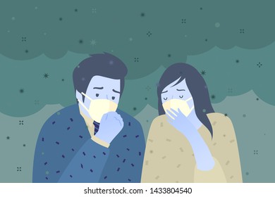 Concept of air pollution. Sad people wearing protective face masks. Factory pipes emitting smoke on background. Fine dust, air pollution, industrial smog, pollutant gas emission. Vector illustration.