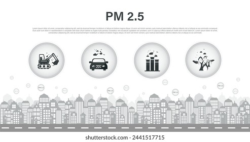 The concept air pollution source. PM 2.5 dust, dirty environment and polluted air sources. city illustration vector design.