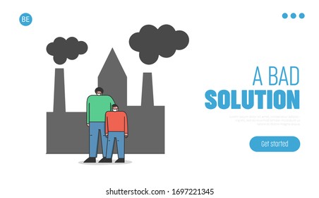 Konzept der Luftverschmutzung. Website Landing Page. Vater und Sohn in Schutzmasken laufen auf der Straße gegen Fabrikrohre, die Rauch verspeisen. Illustration zur linearen Vektorillustration von Webseiten-Cartoons