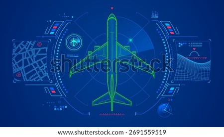 concept of air trafic contral or  radar technology, graphic of airplane with futuristic aviation interface
