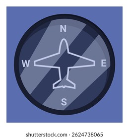 Concept of air travel and navigation represented by an airplane silhouette flying inside a compass
