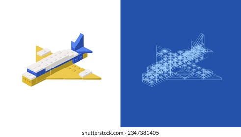 Concepto con avión en estilo isométrico para impresión y decoración. Ilustración vectorial.