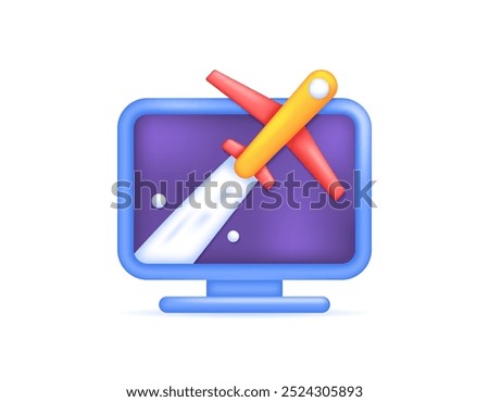 concept of airplane mode or flight mode. enable airplane mode on computer. technology. illustration of computer monitor with airplane gliding. symbol or icon. minimalist 3d style design. element