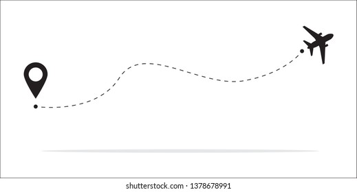 The concept of airplane travel with a map of pins, GPS points. Line path icon. The concept of the starting point of the flight or theme of the Aircraft and the map pointer symbols.