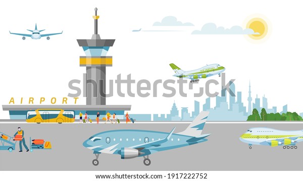 Concept\
airport banner, work airstrip airfield and terminal flat vector\
illustration. Take off, landing passenger plane, international\
airport. Control tower, city urban\
background.