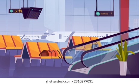 Concept Airport. A flat, cartoon-style background design of an airport with airplanes, runways, and a control tower. Vector illustration.