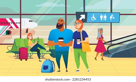 Concept Airport with people scene in the background cartoon design. Young couple waiting for their flight to be announced at the airport. Vector illustration.