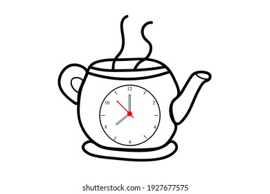 Das Konzept eines Weckers in einem Teekessel mit Dampf.Nehmen Sie Teepausen. Teekanne, Uhr. Symbole, Symbole. Design für Web, Anwendungen, Vektorgrafik