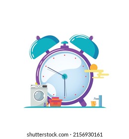Concept of alarm clock is Time for laundry with a washing machine, washer, a basket full of clothes, soap, and one bucket of water