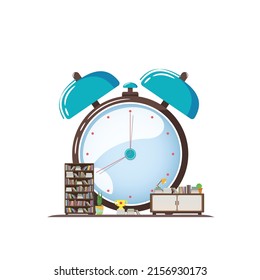 Concept of alarm clock is Time for a study with a bookcase, books, trophy, and desk