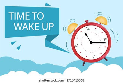 The concept of an alarm clock wakes up from sleep. Banner Time to wake up. Clock over clouds of sleep. Vector illustration on blue background in flat style.