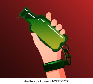 Concept of alcohol addicted. Alcoholic addicted holds and is chained to the bottle. Flat design, vector illustration.