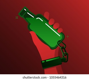 Concept of alcohol addicted. Alcoholic addicted holds and is chained to the bottle. Flat design, vector illustration.