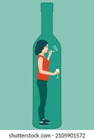 Concept of alcohol addicted problem. Alcoholic addicted woman in a wine bottle