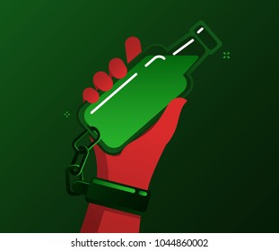 Concept of alcohol addiction. Alcoholic addicted holds and is chained to the bottle. Flat design, vector illustration.