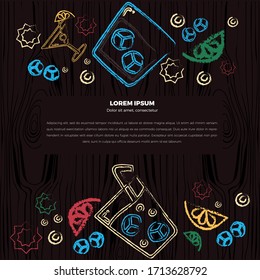 Concept with alcohol bar symbols. Alcohol glasses vector. Drawn free hand on a wooden board, jagged edges. Martini, champagne, cocktail, margarita, hurricane glass, ice, lemon. Place for text.