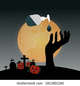 Concept of alcohol gel for hand wash and happy halloween in coronavirus pandemic. Vector illustration of hand rising out of the grave, pumpkins and full moon.