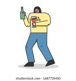 Concept Of Alcoholism, Drink Alcohol. Drunk Female Character is Drinking Wine, Holding Bottle And Glass Of Beverage. Alcohol Addiction Of Population. Cartoon Linear Outline Flat Vector Illustration