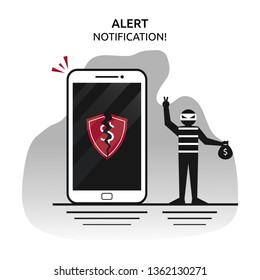 Concept of alert notification contains of losing money. a hacker opens software protection then takes money. Notification gives alert sign. Flat style design and vector illustration