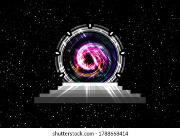 concept alien construction isolate on dark blue galaxy background. Stargate Time Machine Portal. Spatial entrance time machine icon, extraterrestrial teleportation concept and black hole suck