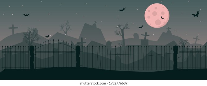The concept of all saint’s eve. Halloween vector illustration. Panoramic image of a cemetery at night with a full bloody moon