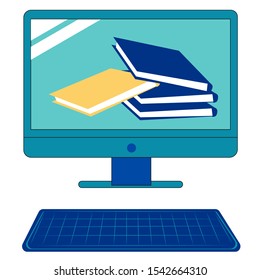 Concept: all knowledge in one place. Books on a computer monitor screen, vector illustration in blue and yellow tones in flat style on a white isolated background