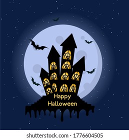 The concept of all saints eve. silhouette of ancient palace with towers on the background of a huge full moon with bats. The text on the house - Happy Halloween.