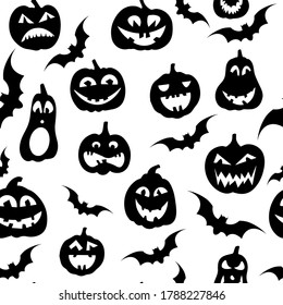 Konzept des Heiligen am Vorabend. Vektornahtloses Muster für Halloween. Lächeln der Buchslaterne und Fledermäuse. Silhouetten von Kürbissen und Rarmousen.