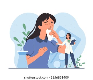 Concept of allergology. Woman examining sneezing girl, making diagnosis and choosing method of treatment. Medical poster or banner for website, pharmacy specialist. Cartoon flat vector illustration