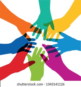 Concept of the alliance of a group, with eight hands of different colors that are stretched in the shape of a star, to symbolize the cohesion of a team.