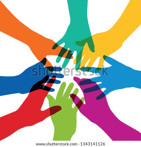 Concept of the alliance of a group, with eight hands of different colors that are stretched in the shape of a star, to symbolize the cohesion of a team.