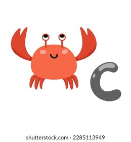 Concept Alphabet C crab. This illustration is a flat, vector cartoon design featuring the letter C of the alphabet. Vector illustration.