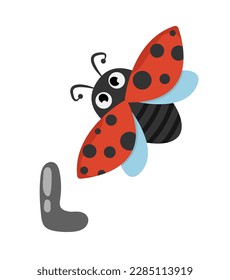 Concept Alphabet L ladybug. This illustration features a flat, vector, cartoon-style design of a ladybug, with the letter L prominently displayed in the background. Vector illustration.
