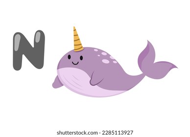 Concept Alphabet N narwhal narwhale fish. This illustration features a flat, vector cartoon design of the letter N, with a narwhale fish as the main character. Vector illustration.