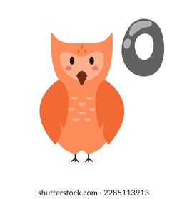 Concept Alphabet O owl. This illustration is a colorful, flat vector cartoon featuring the letter O and an adorable owl. The letter O is prominently displayed in the background. Vector illustration.