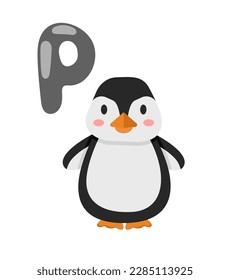 Concept Alphabet P penguin. This illustration features a flat and colorful cartoon design of a cute penguin with the letter P in the alphabet next to it. Vector illustration.