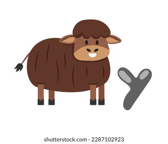 Concept Alphabet Y baby yak. This illustration is a flat vector cartoon design featuring the alphabet letter Y and a cute baby yak. Vector illustration.