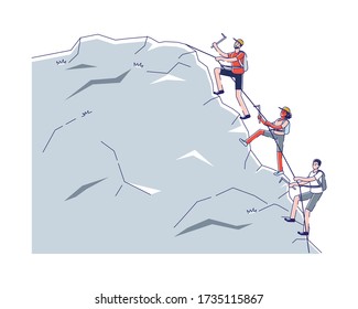Concept Of Alpinism And Activity Sport. Male And Female Characters Climb Up Mountain Use Professional Alpinists Tools. Sport Adventure Challenge. Cartoon Linear Outline Flat Style Vector Illustration