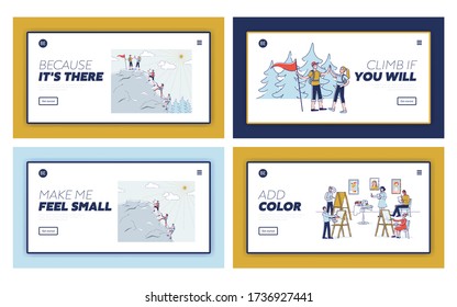 Concept Of Alpinism And Art School. Website Landing Page. People Climb Up Mountain Use Professional Alpinists Tools And Paint Pictures. Web Page Cartoon Linear Outline Flat Vector Illustrations Set
