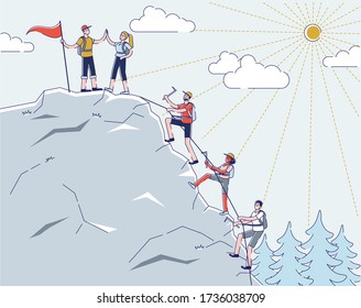 Concept Of Alpinism. Male And Female Characters Climb Up Mountain Use Professional Alpinists Tools. People Give Five On The Top To Each Other. Cartoon Linear Outline Flat Style. Vector Illustration