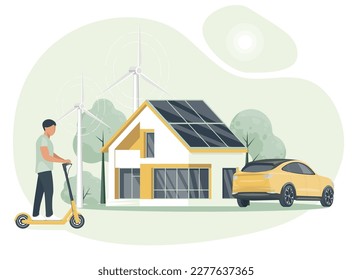 The concept of alternative electricity. Clean green energy from renewable sources concept. Modern eco house with windmills and solar energy panels, electric car.